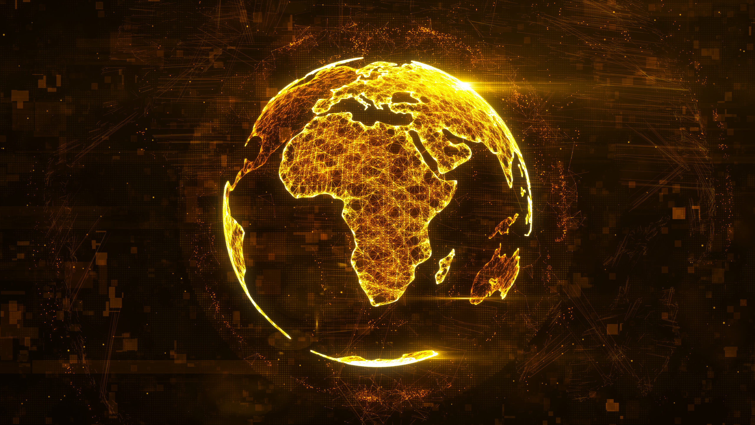 Digital globe made of plexus bright glowing lines. Detailed virtual planet earth. Technology structure of connected lines, dots and particles forming world. Africa continent